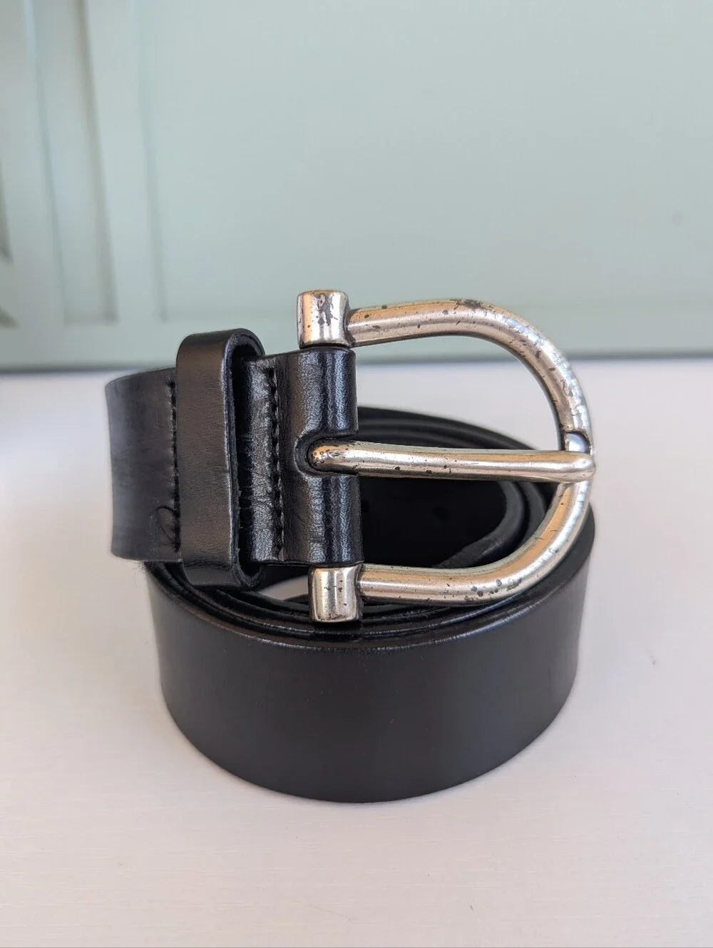 Cole Haan Black Leather Belt with Silver Rounded Buckle